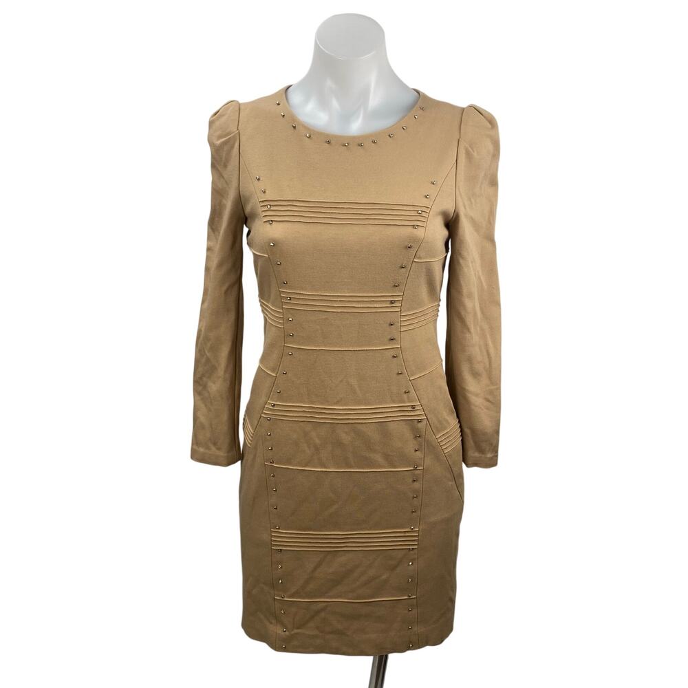 Lynn Beige Studded Seam Puff Shoulder Long Sleeve Mini Bodycon Sheath Dress Sz S